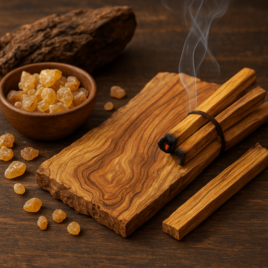 What are the spiritual healing properties of sacred woods like palo santo and sandalwood for energy cleansing
